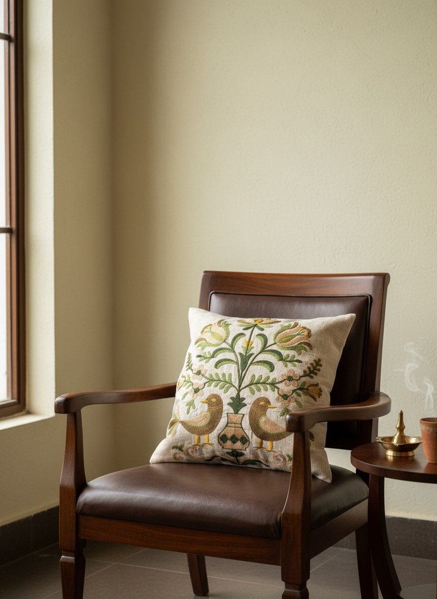 Beige Embroidered Cushion Cover — 16x16 Inches | Folk Birds & Floral Throw Pillow Cover 5