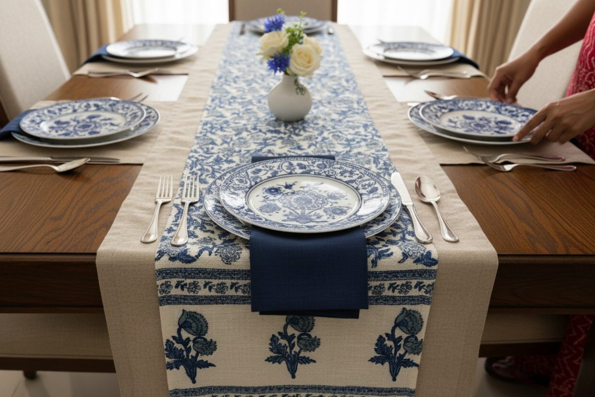 Hand Block Print Royal Buti Jute Table Runner — Indigo 1