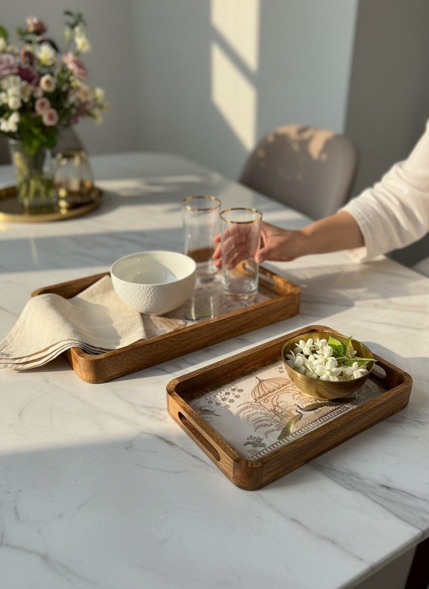 Solid Mango Wood Serving Tray Set of 2 | Lacquered Finish with Raised Bar Handles - Peacock Pavilion 3