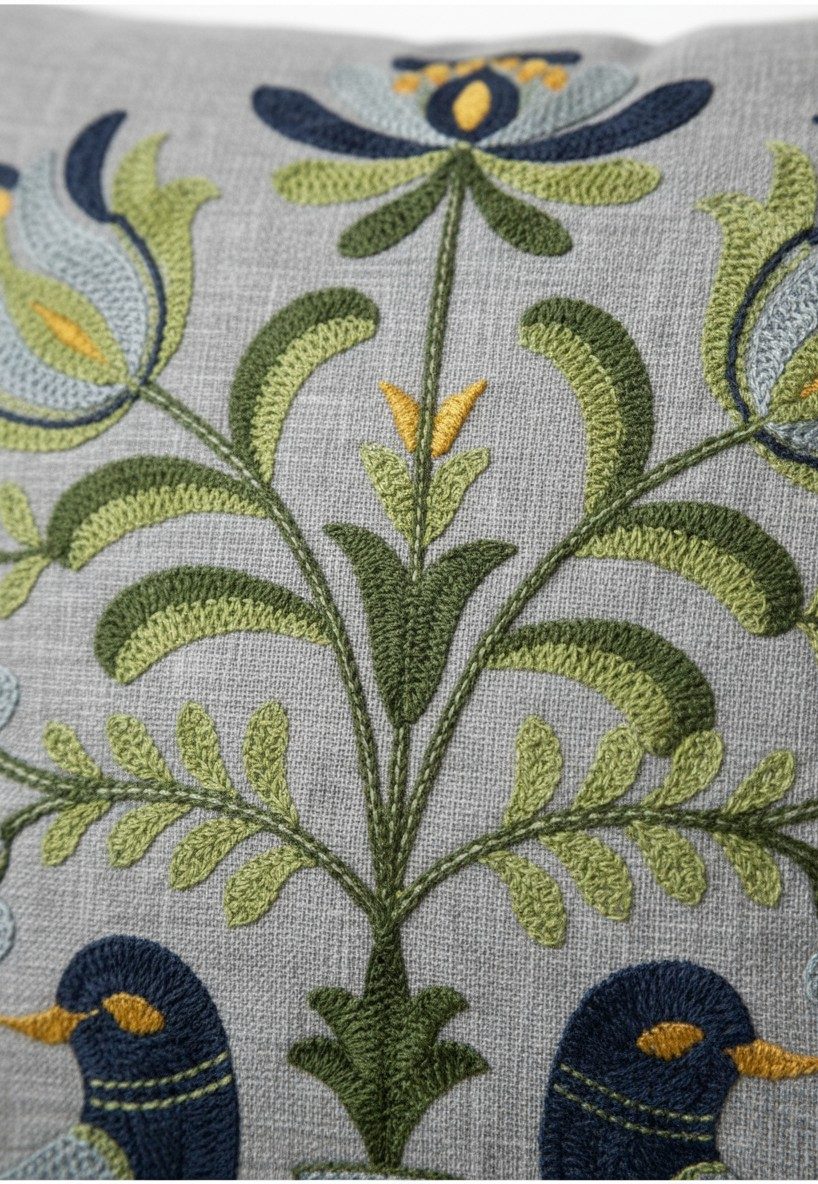 Light Grey Embroidered Cushion Cover — 16x16 Inches | Folk Birds & Floral Throw Pillow Cover 4