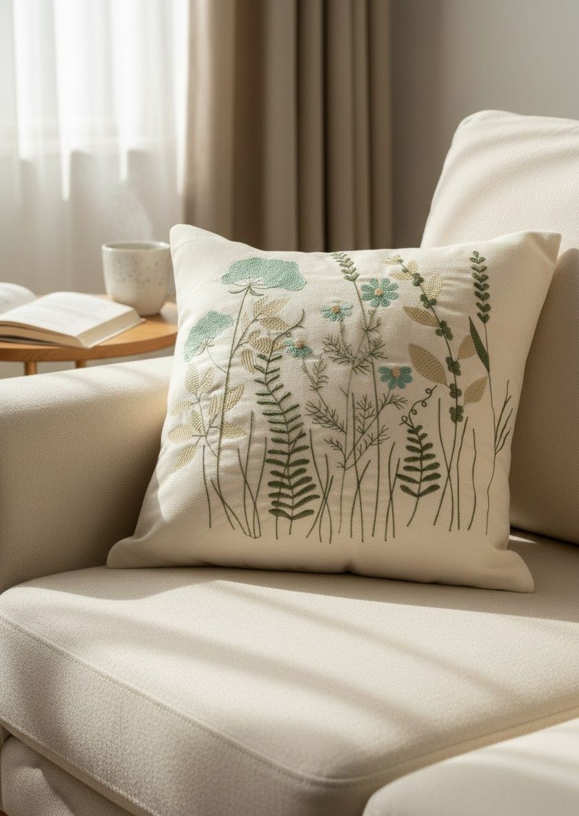 Off-White Hand Embroidered Cushion Cover — 16x16 Inches | Botanical Floral Throw Pillow Cover 5