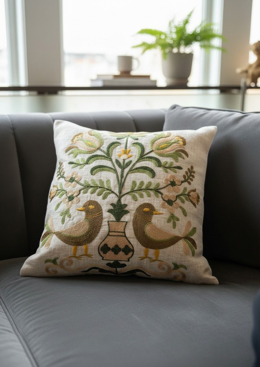 Beige Embroidered Cushion Cover — 16x16 Inches | Folk Birds & Floral Throw Pillow Cover 4