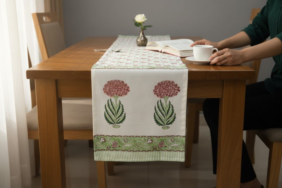 Hand Block Print Marigold Bloom Cotton Table Runner — Pink & Sage 2