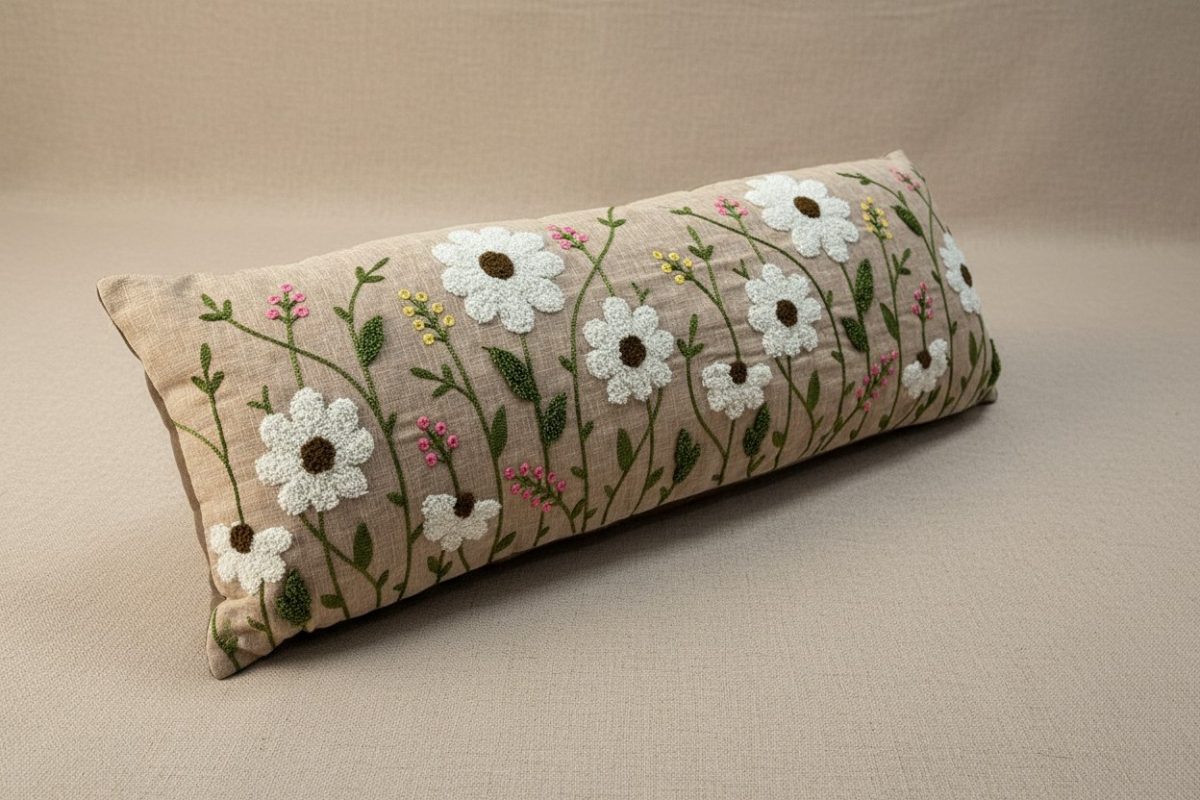 Botanical Embroidered Lumbar Cushion Cover – Beige 4