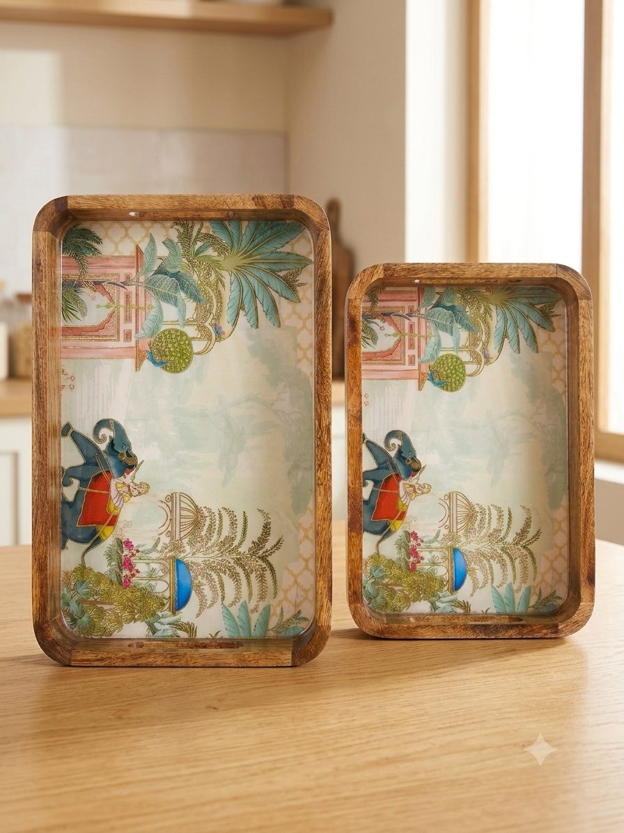 Solid Mango Wood Serving Tray Set of 2 | Lacquered Finish with Raised Bar Handles - Royal Court 1