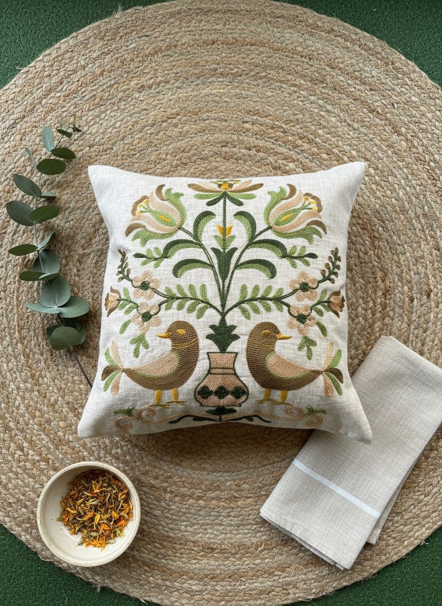 Beige Embroidered Cushion Cover — 16x16 Inches | Folk Birds & Floral Throw Pillow Cover 1