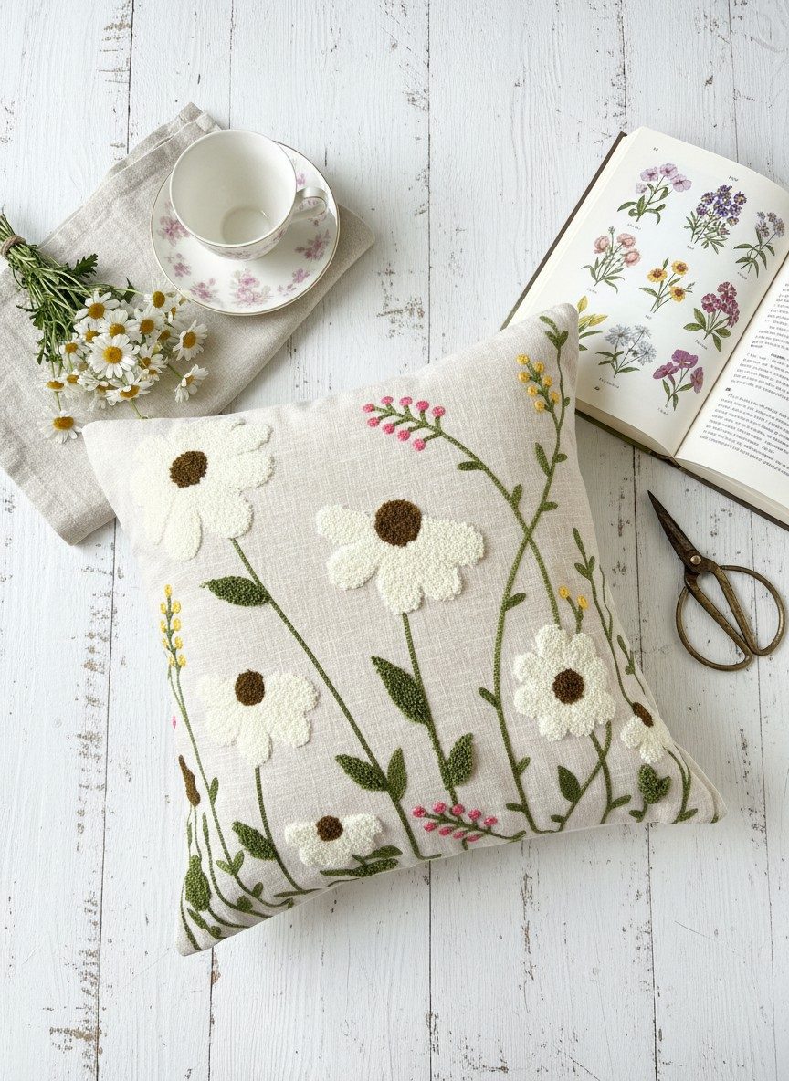 Floral Punch Needle Wildflower on Natural Beige Slub Cotton Embroidered Cushion Cover 16x16 Inch 1