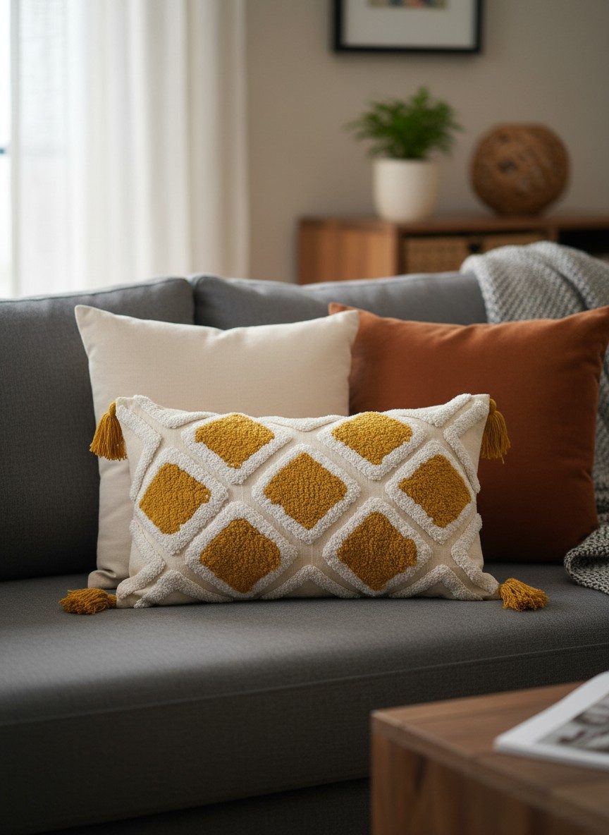 Embroidered Decorative 12X20 inch Cushion Cover with Tassels – Boho Embroidered Throw Pillow Case (1 Pc) - Mustard Tufted Diamond 1