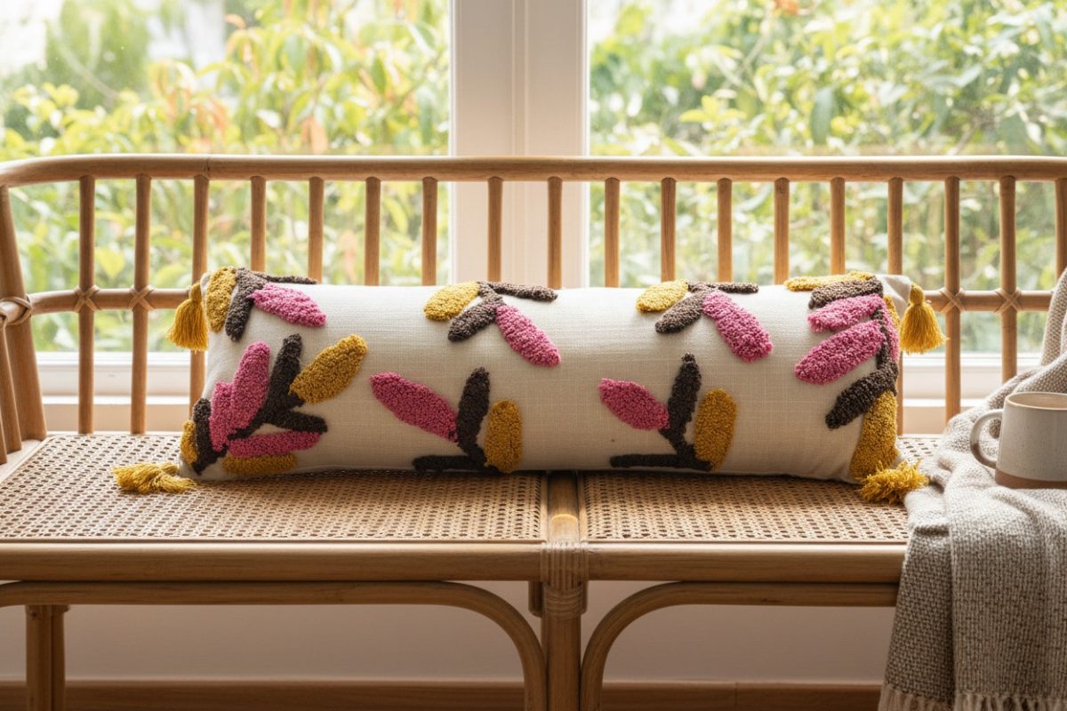Tufted Botanical Lumbar Cushion Cover with Tassels – Ivory & Multicolour 4