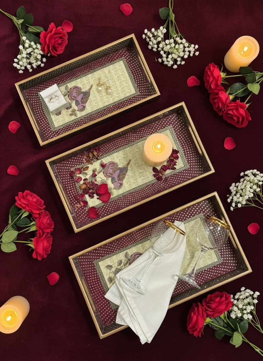 Decorative Serving Tray Set of 3 | Printed MDF Trays with Raised Bar Handles - Burgundy Floral Bird 3