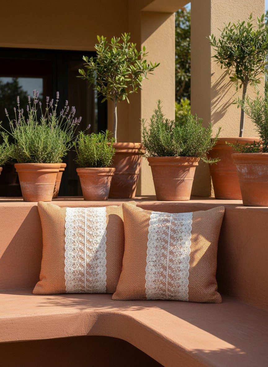 Rustic Terracotta Rust Woven Cushion Cover with White Floral Lace Panel 16x16 Inch 5