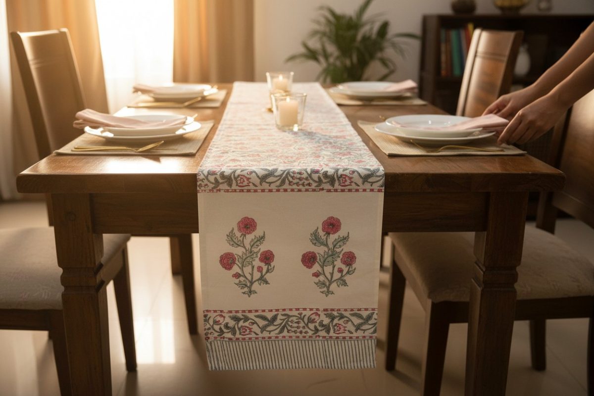 Hand Block Print Rose Vine Cotton Table Runner — Pink & Sage 1