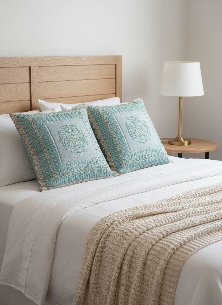 Embroidered Geometric Square Cushion Cover – Aqua Blue 4