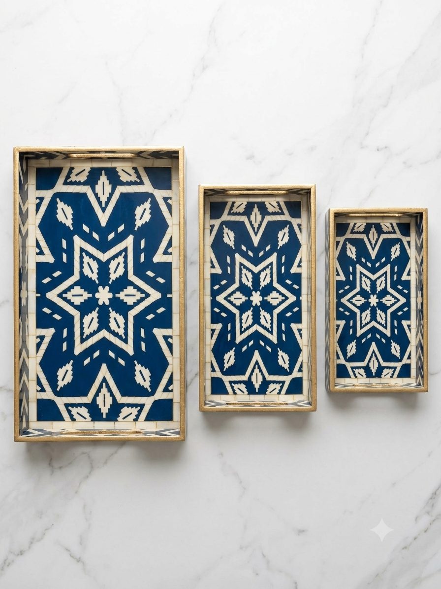 Decorative Serving Tray Set of 3 | Printed MDF Trays with Raised Bar Handles - Navy Geometric 4