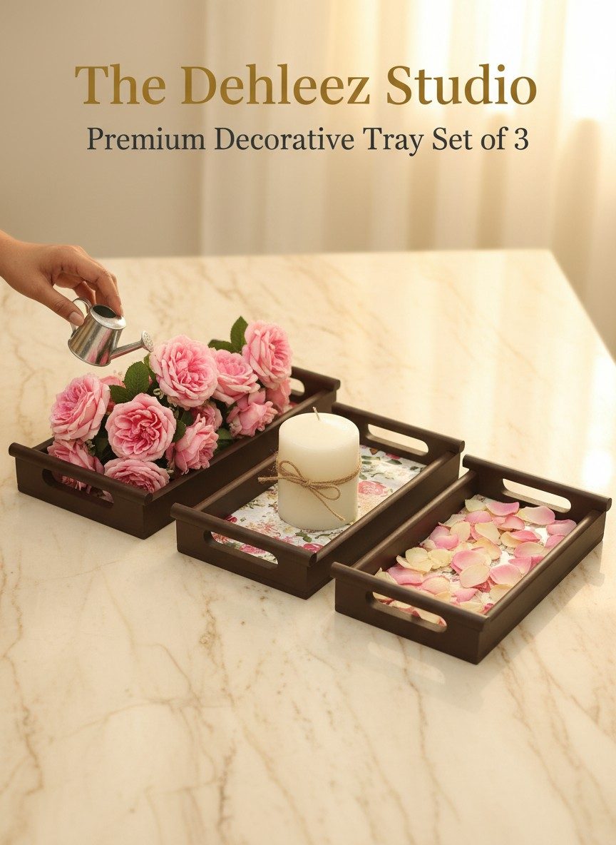 Lacquered Wooden Tray Set of 3 | Decorative Reed Inlay Frame | Raised Bar Handles - Botanical Garden 2