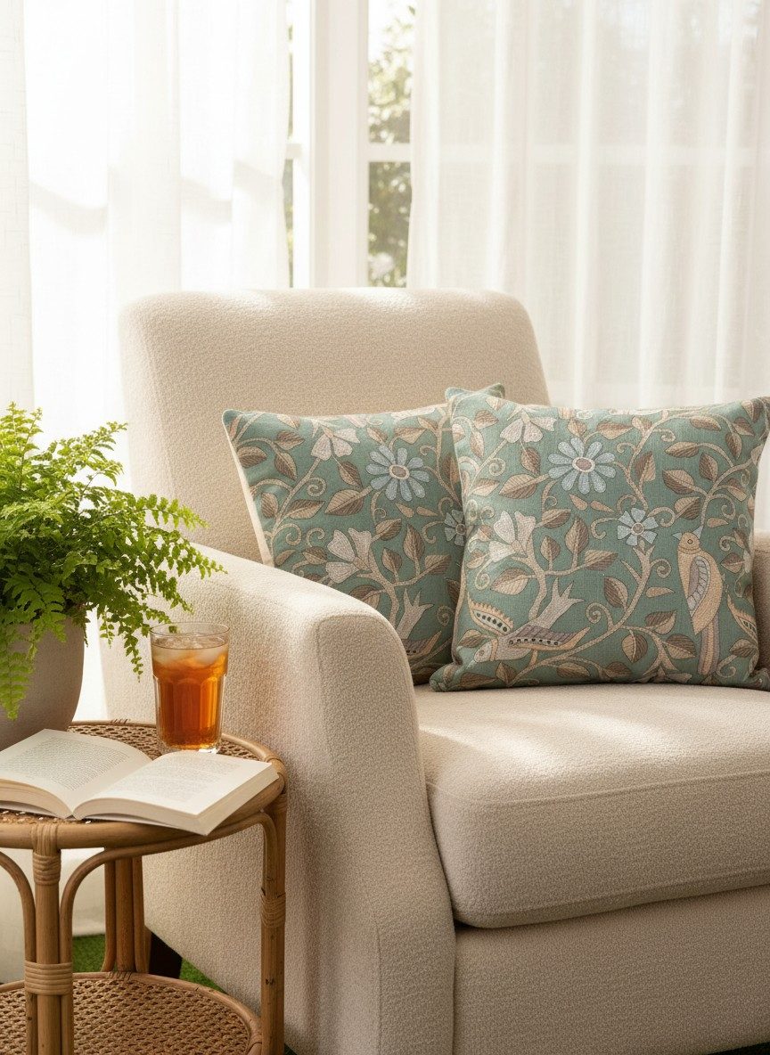 Sage Green Heritage Floral & Bird Printed Cushion Covers 16x16 Inch 4