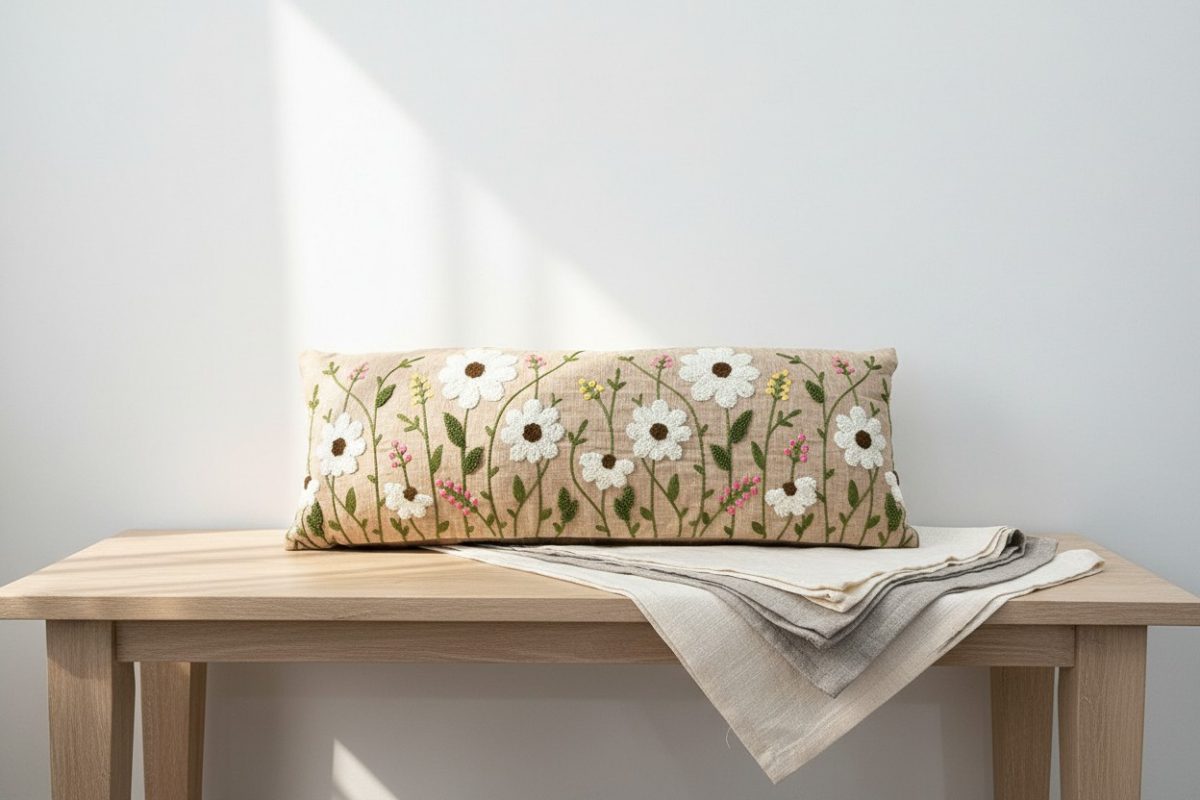 Botanical Embroidered Lumbar Cushion Cover – Beige 3