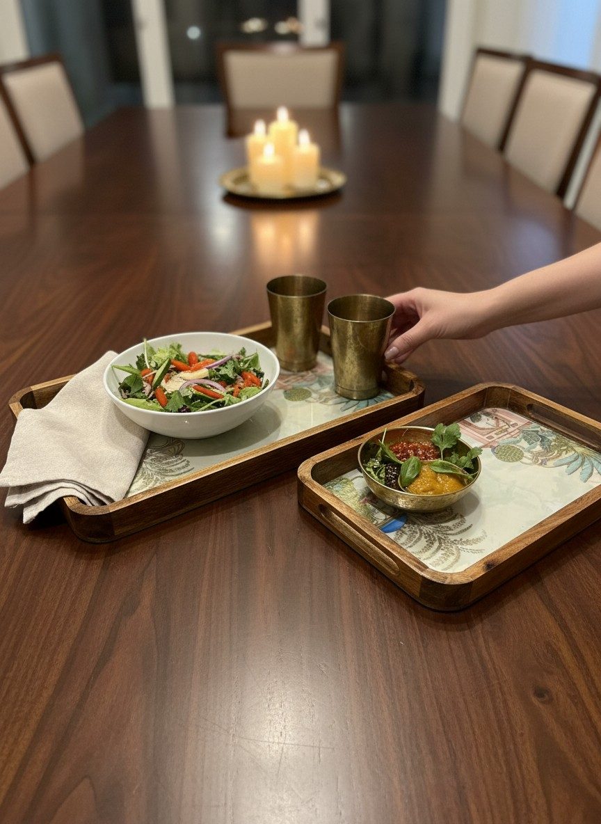 Solid Mango Wood Serving Tray Set of 2 | Lacquered Finish with Raised Bar Handles - Royal Court 3