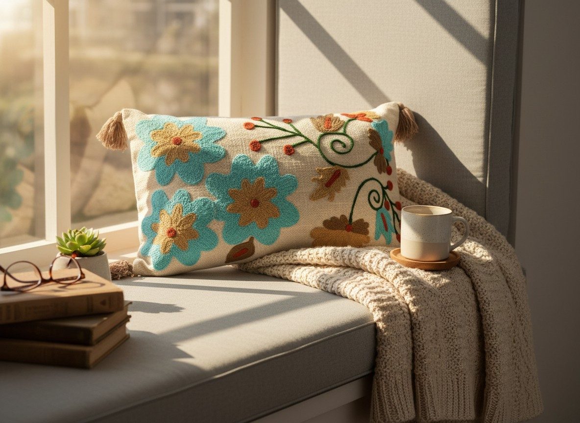 Embroidered Decorative 12X20 inch Cushion Cover with Tassels – Boho Embroidered Throw Pillow Case (1 Pc) - Turquoise Floral 2