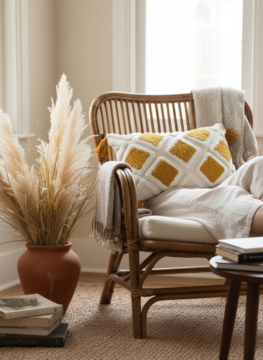 Embroidered Decorative 12X20 inch Cushion Cover with Tassels – Boho Embroidered Throw Pillow Case (1 Pc) - Mustard Tufted Diamond 2