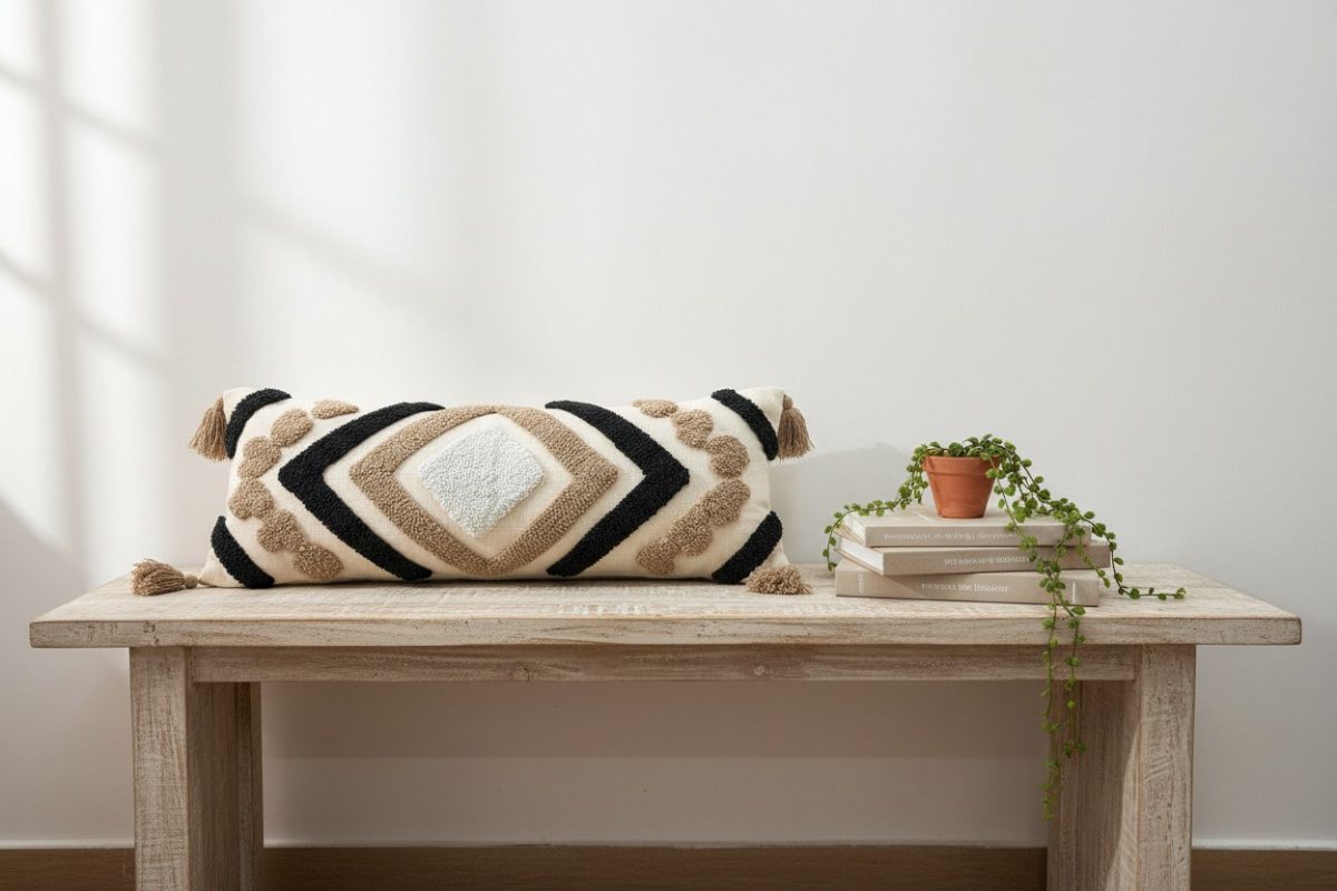 Tufted Geometric Lumbar Cushion Cover with Tassels – Beige & Black 1