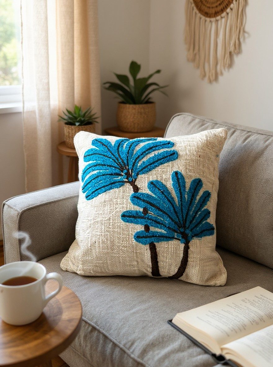 Blue Palm Tree Boho Cushion Cover — 16x16 Inches 3