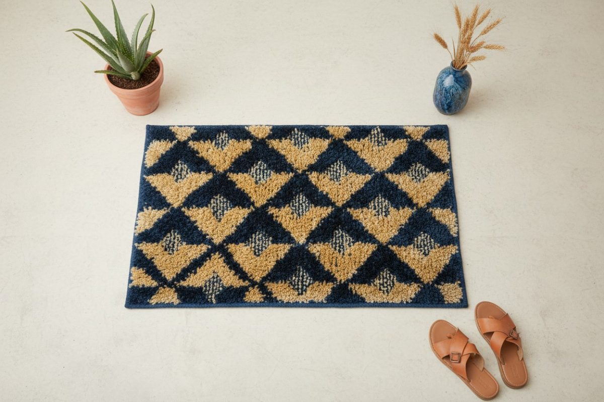 The Harlequin Bath/Door Mat — Indigo & Ochre 1