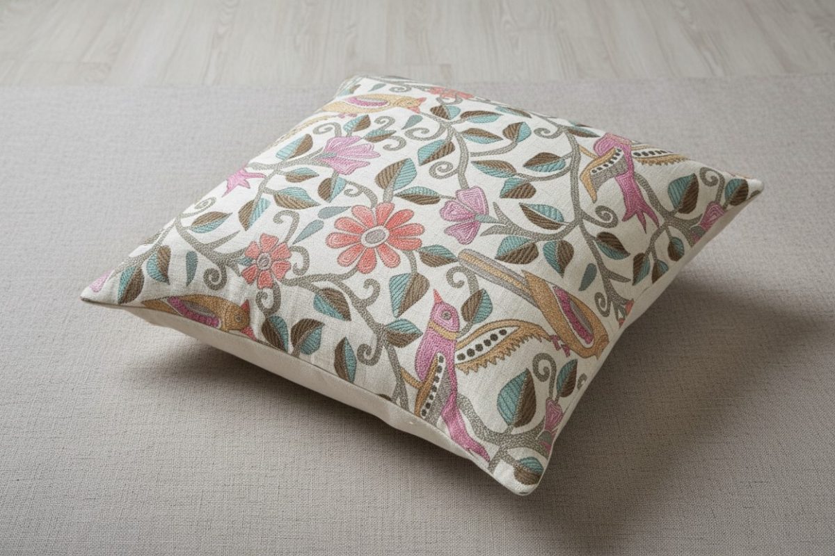 Embroidered Floral Vine Square Cushion Cover – Cream & Multicolour 3