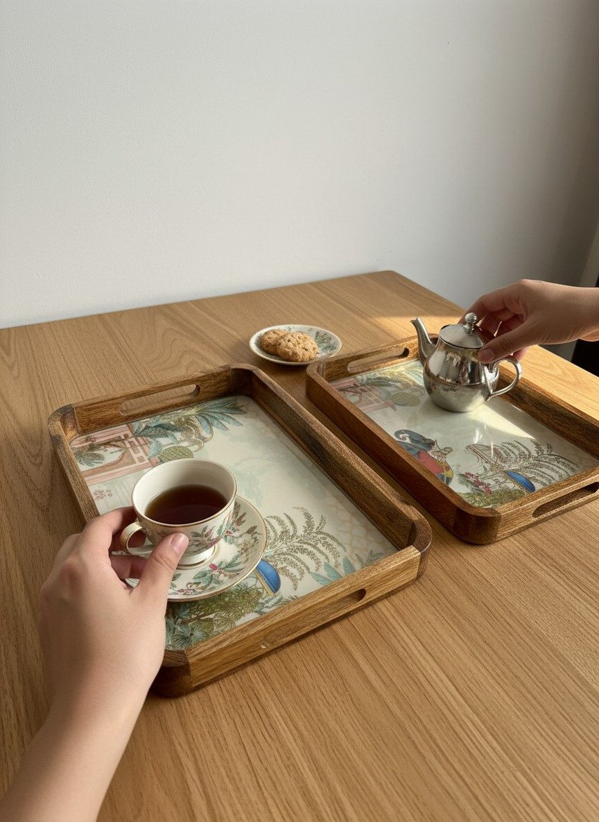 Solid Mango Wood Serving Tray Set of 2 | Lacquered Finish with Raised Bar Handles - Royal Court 2