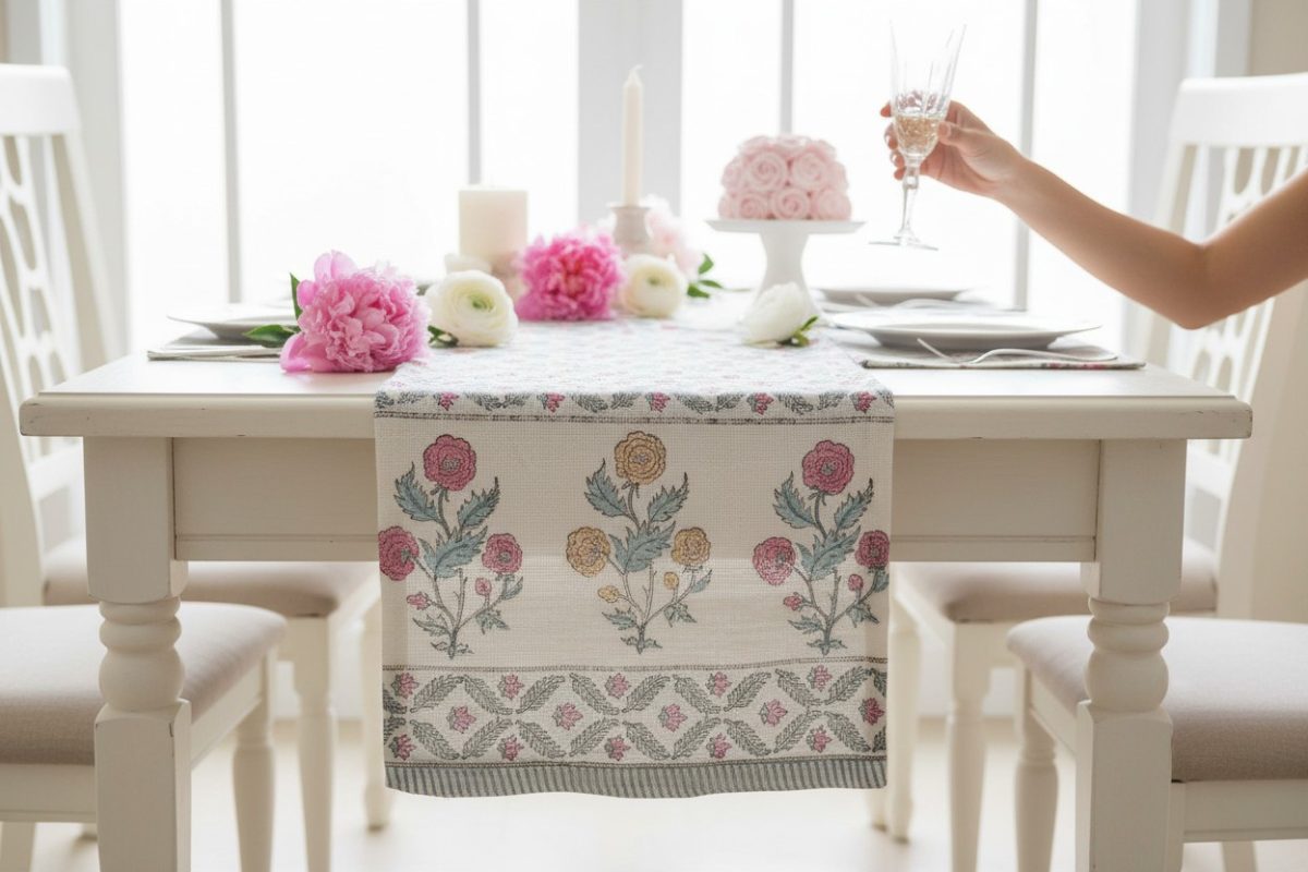 Hand Block Print Mughal Garden Jute Table Runner — Pink & Blue 2