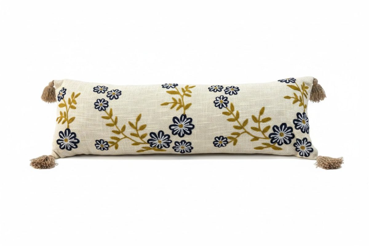 Embroidered Daisy Lumbar Cushion Cover with Tassels – Natural 2
