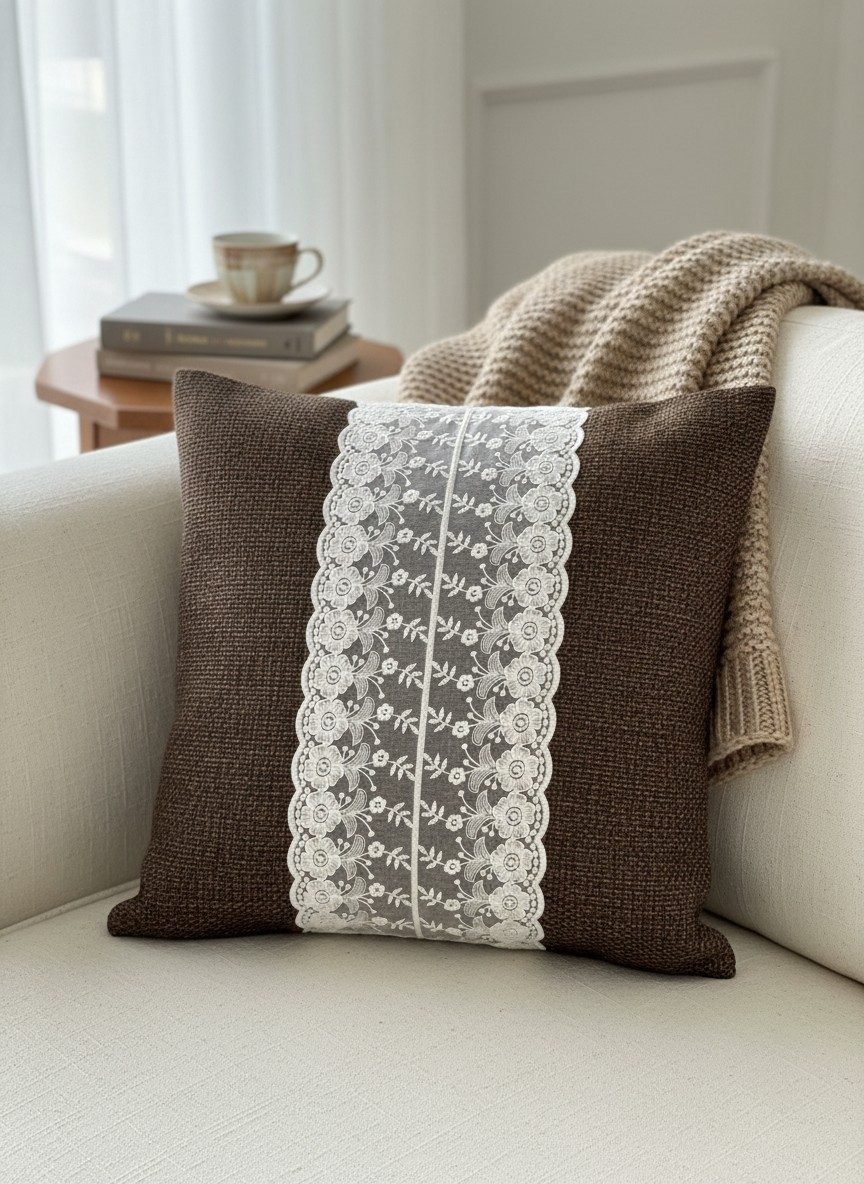 Rustic Dark Brown Woven Cushion Cover with White Floral Lace Panel 16x16 Inch 5