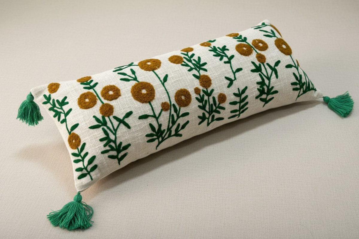 Embroidered Marigold Lumbar Cushion Cover with Tassels – Cream 3