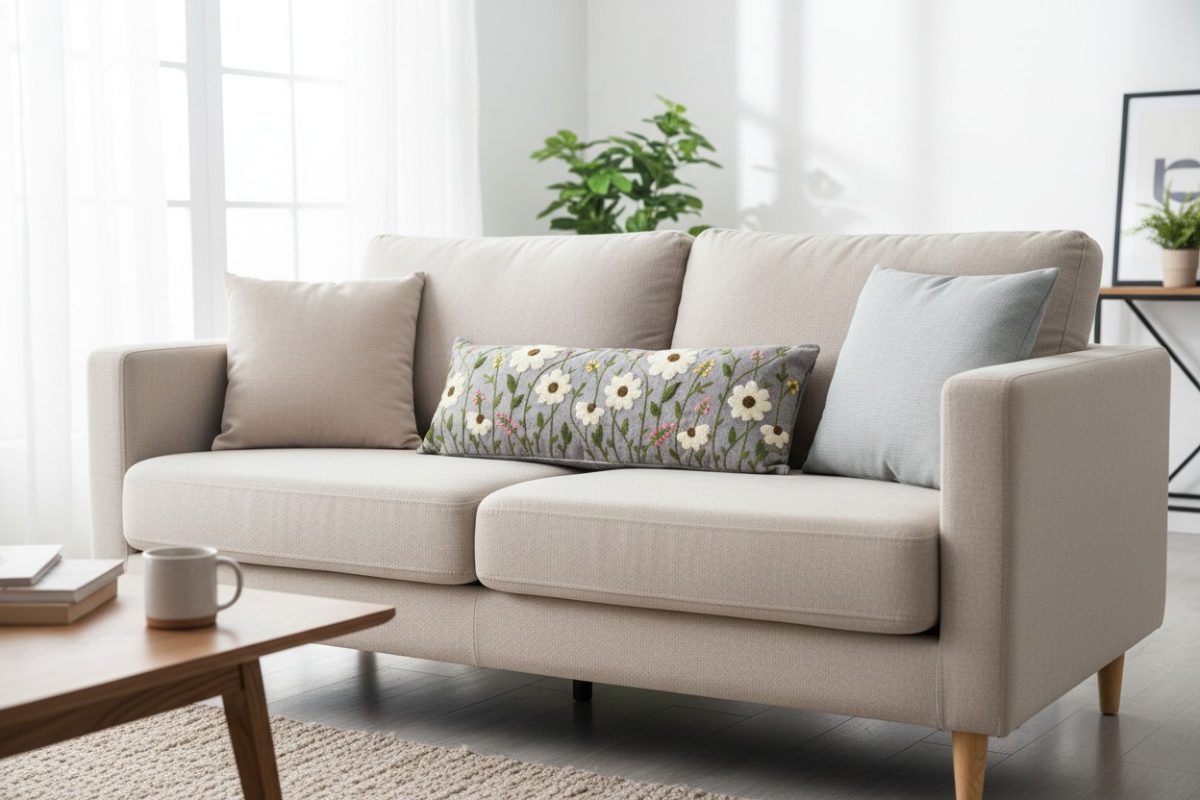 Botanical Embroidered Lumbar Cushion Cover – Grey 3