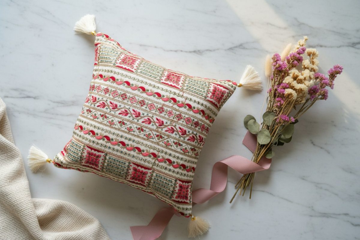Embroidered Bohemian Square Cushion Cover with Tassels – Cream & Red 3