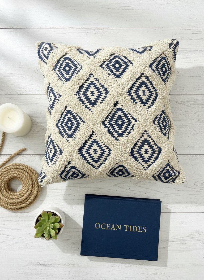 Boho Blue Kilim Aztec Diamond Print — Tufted Cushion Cover 16x16 Inch 1