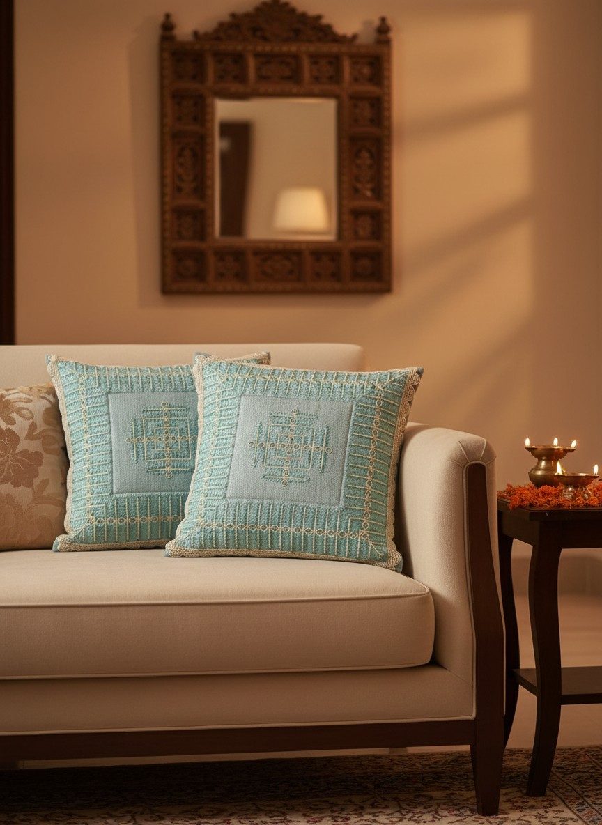 Embroidered Geometric Square Cushion Cover – Aqua Blue 2