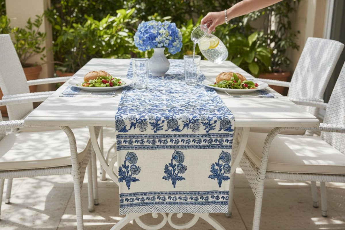 Hand Block Print Royal Buti Jute Table Runner — Indigo 3