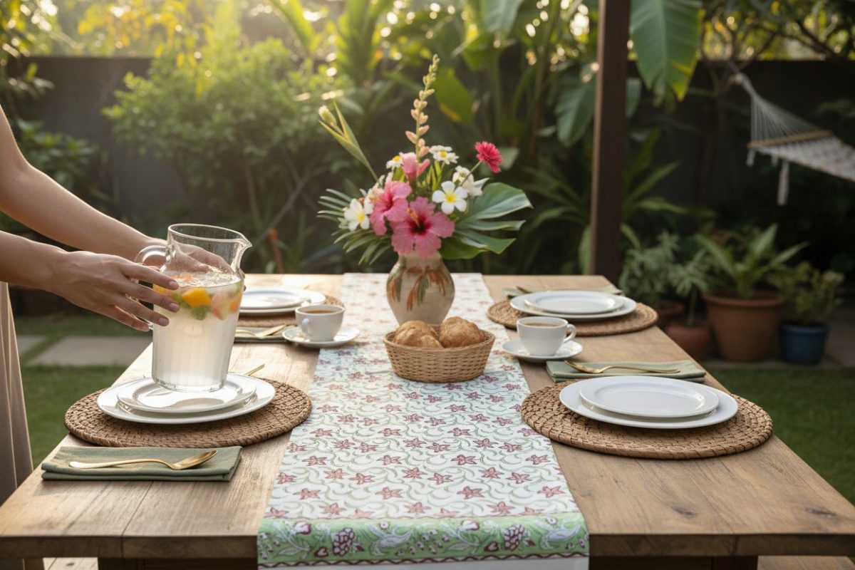 Hand Block Print Marigold Bloom Cotton Table Runner — Pink & Sage 3