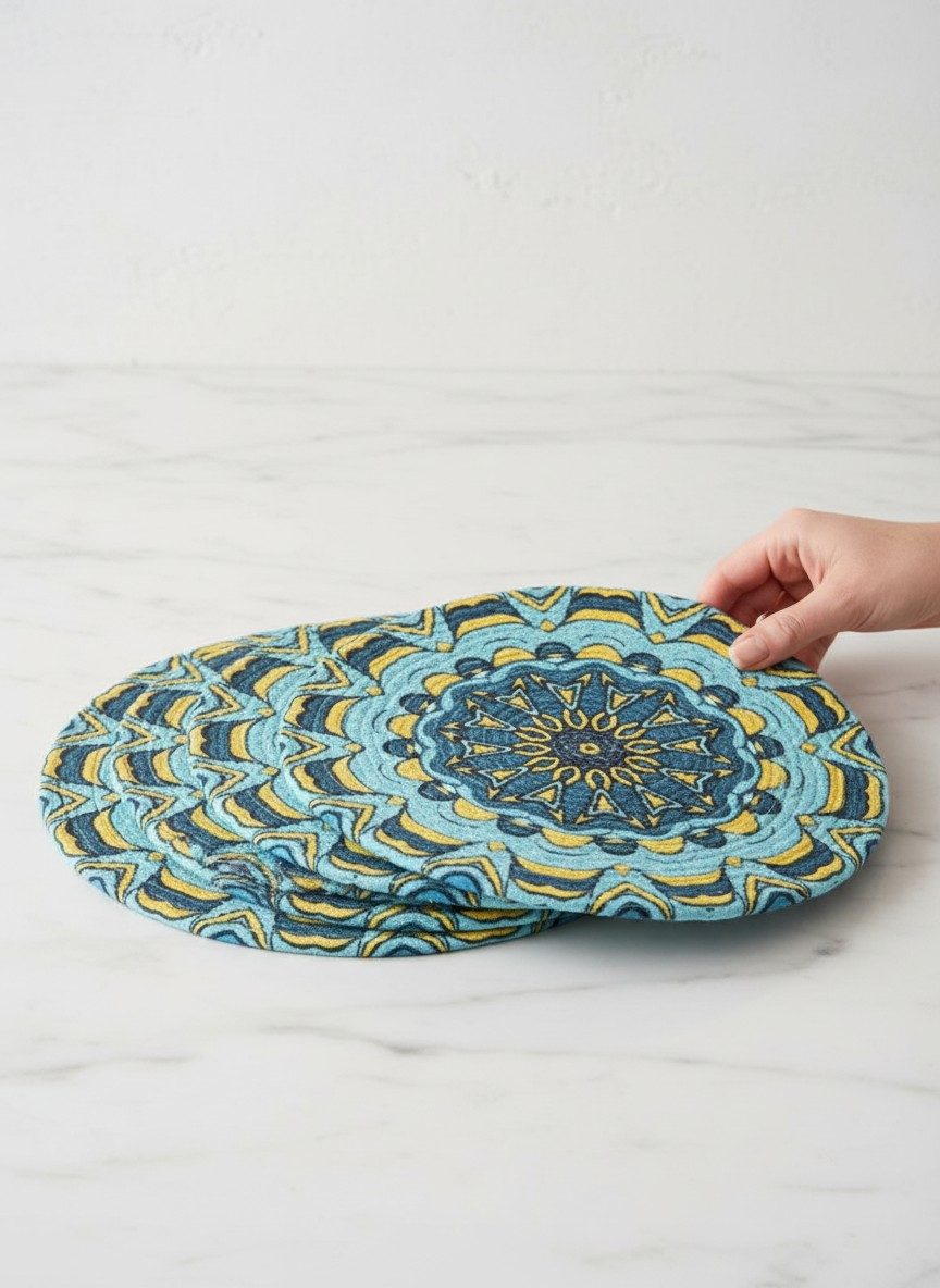 Round Placemats, Set of 2 | 14 Inch Large Table Mats | Teal Mandala 2