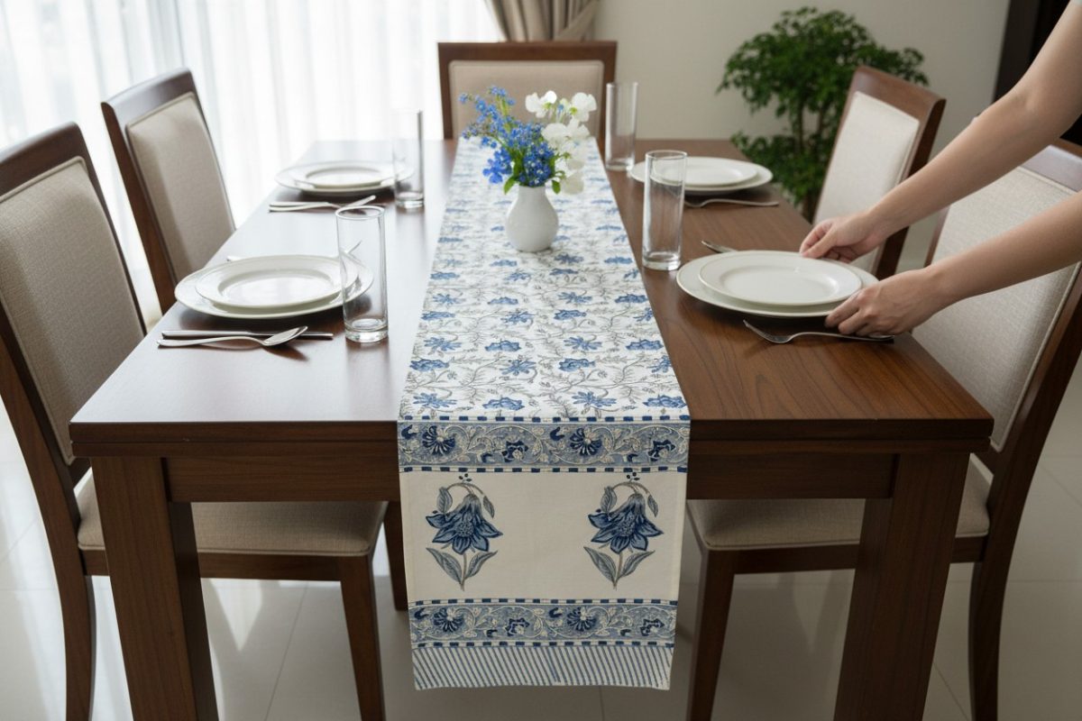 Hand Block Print Indigo Bloom Cotton Table Runner — Blue & Ivory 1