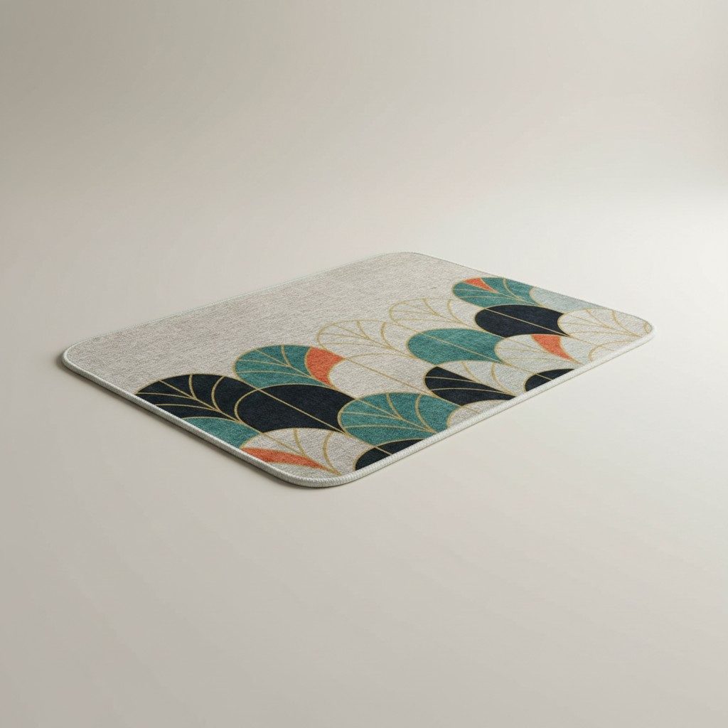 Art Deco Leaf Print Anti-Slip Mat – Teal & Gold 2