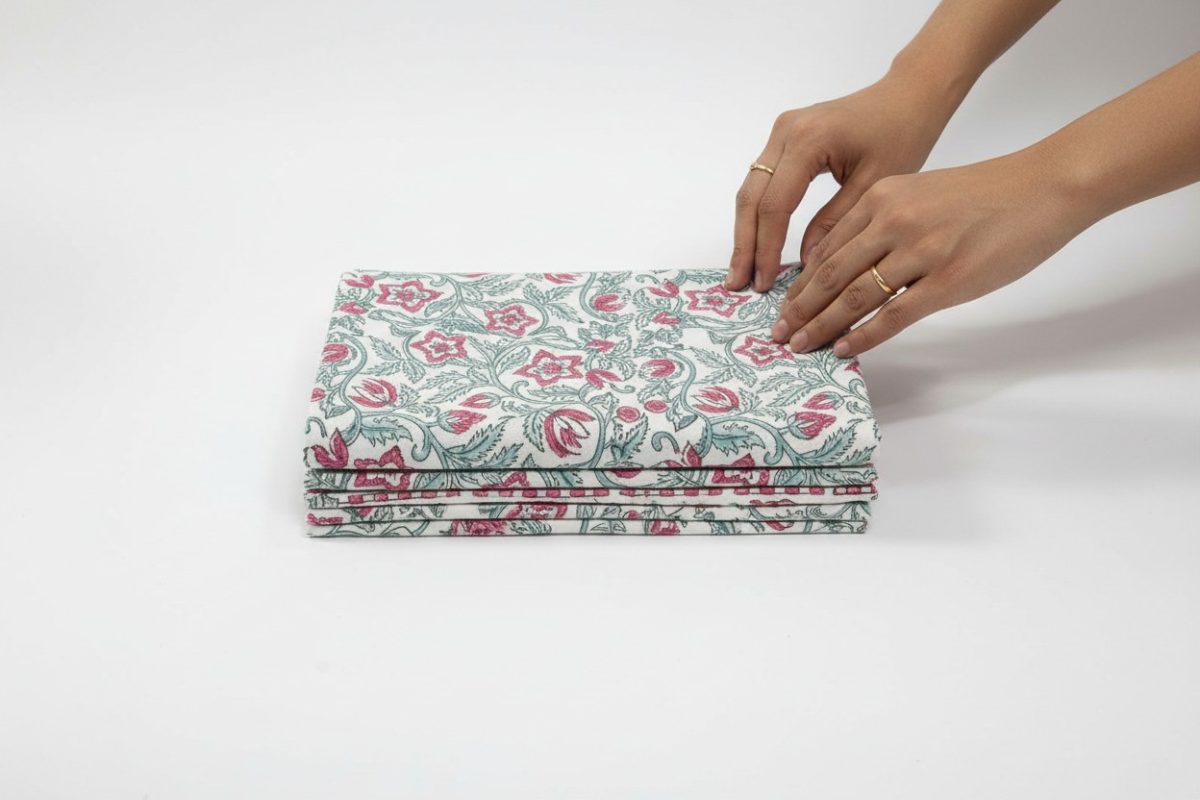 Hand Block Print Rose Vine Cotton Table Runner — Pink & Sage 5