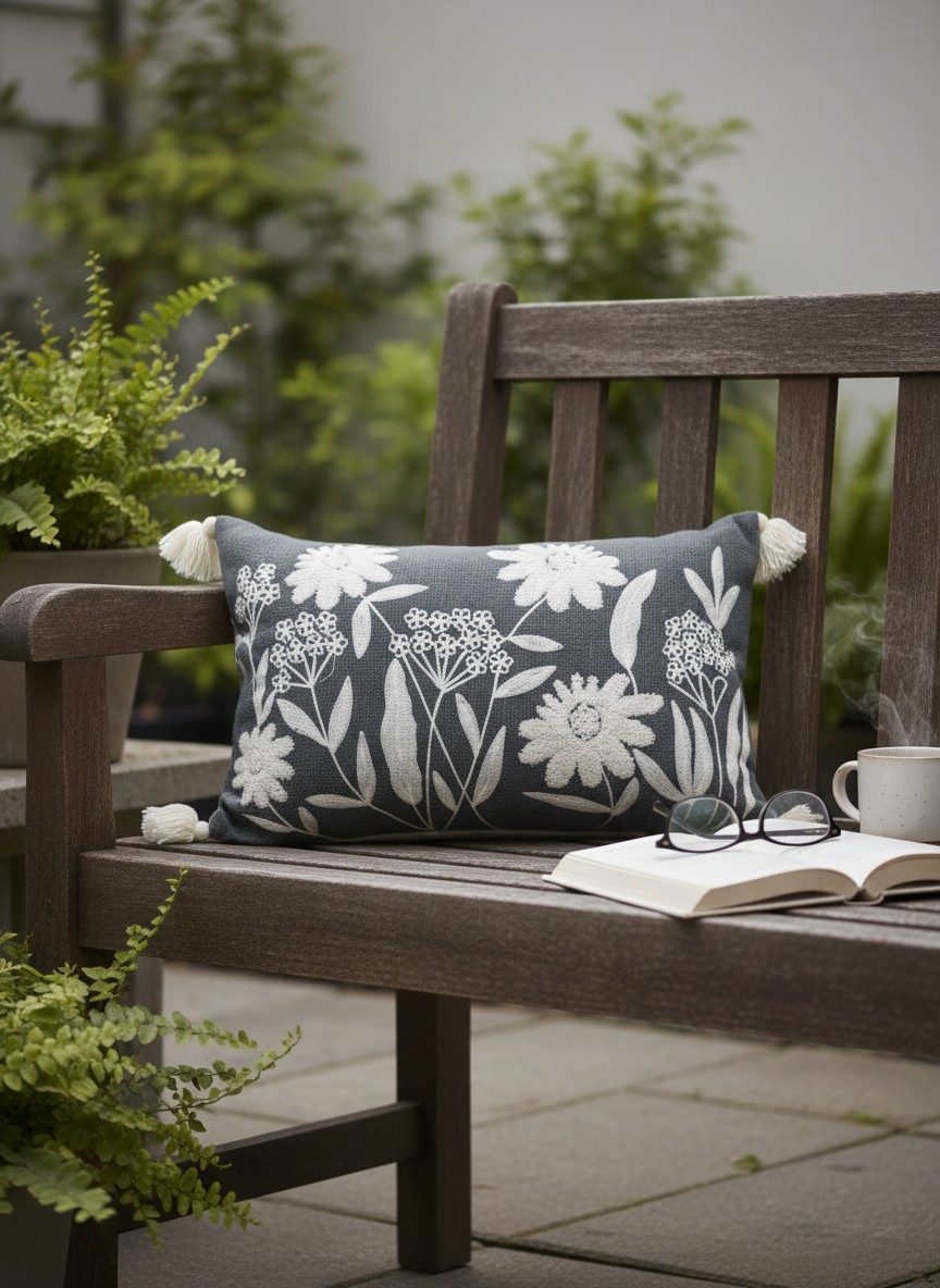 Embroidered Decorative 12X20 inch Cushion Cover with Tassels – Boho Embroidered Throw Pillow Case (1 Pc) - Grey Floral 3