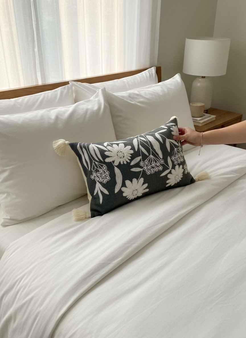 Embroidered Decorative 12X20 inch Cushion Cover with Tassels – Boho Embroidered Throw Pillow Case (1 Pc) - Grey Floral 2