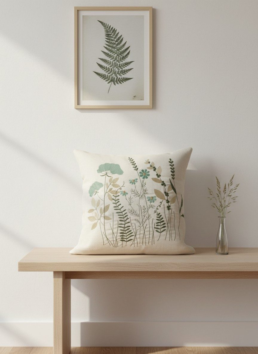 Off-White Hand Embroidered Cushion Cover — 16x16 Inches | Botanical Floral Throw Pillow Cover 3