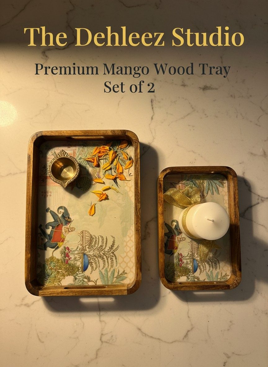 Solid Mango Wood Serving Tray Set of 2 | Lacquered Finish with Raised Bar Handles - Royal Court 4