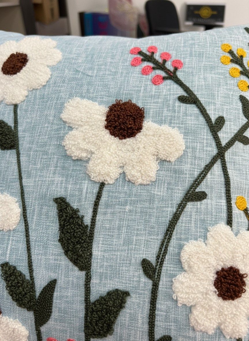 Floral Punch Needle Wildflower on Powder Blue Slub Cotton Embroidered Cushion Cover 16x16 Inch 3