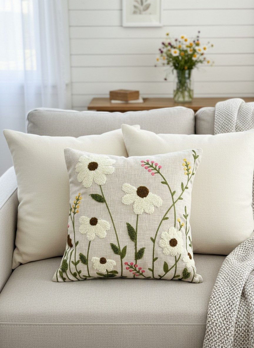 Floral Punch Needle Wildflower on Natural Beige Slub Cotton Embroidered Cushion Cover 16x16 Inch 2
