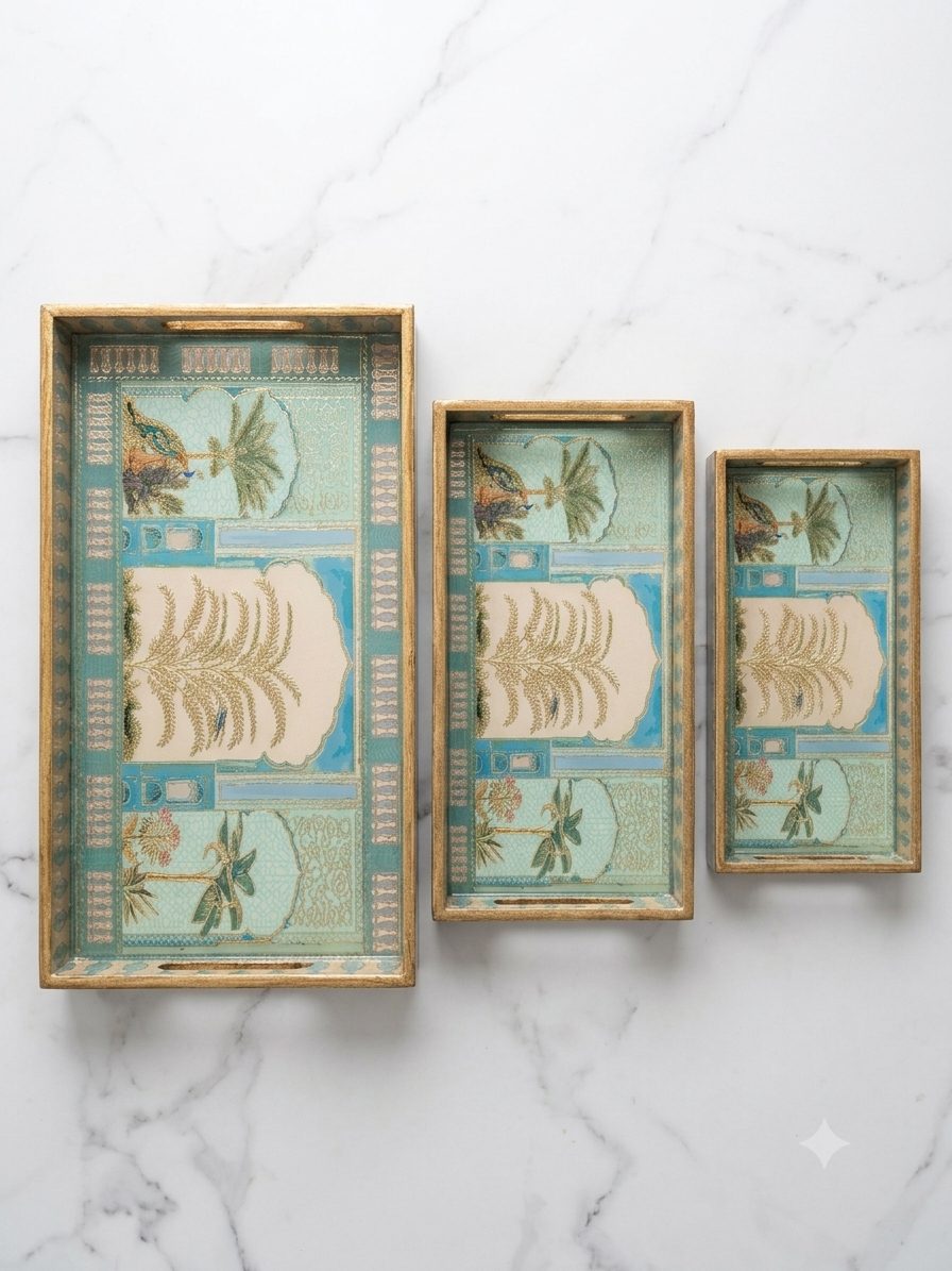 Decorative Serving Tray Set of 3 | Printed MDF Trays with Raised Bar Handles - Teal Botanical 3